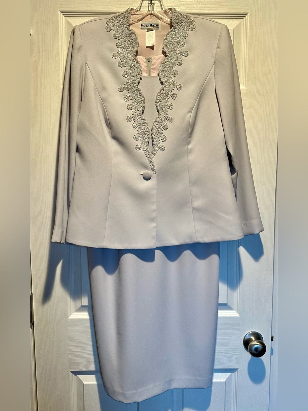 Women's Light Gray Embellished Jacket & Dress Set